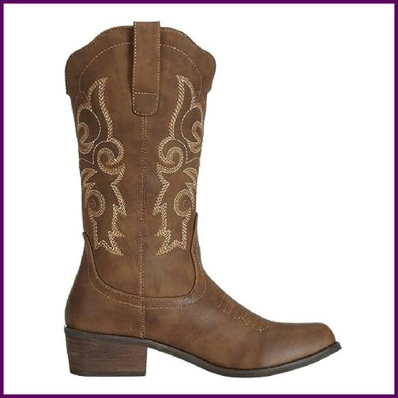 Women's Western Cowgirl Boots Mid Wide Calf Pointed Toe Riding Country - Picture 4 of 8